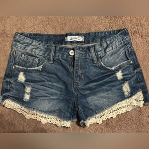 Blue Jean Shorts with Lace Trim, distressed